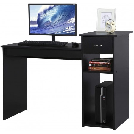 Mighty Rock Home Office Computer Desk, Wooden Study Writing Table with Drawer and Storage Shelves Black